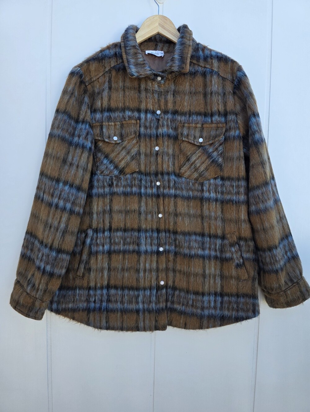 Bluivy Brushed Flannel Plaid Wool Blend Button Up Shacket Large